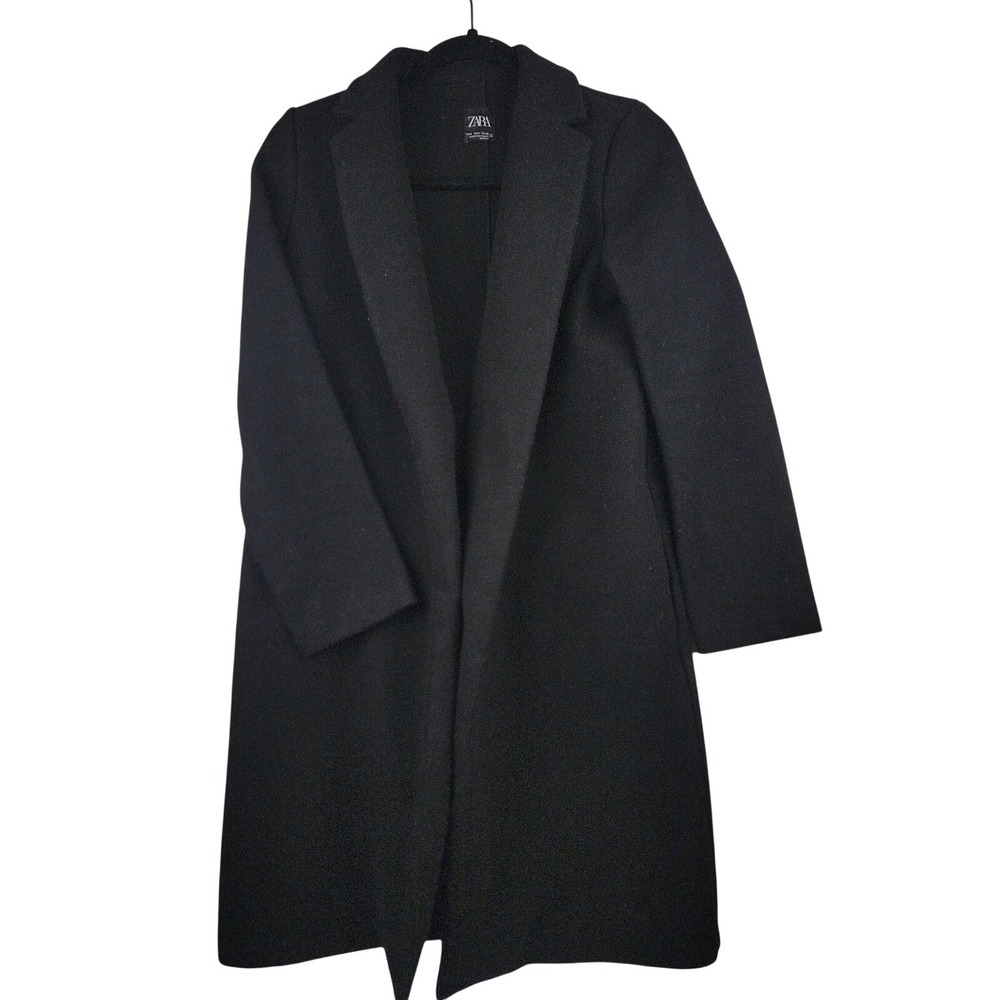 ZARA Black Long Lapel Collar Wool Blend Coat Outerwear Women Size M
